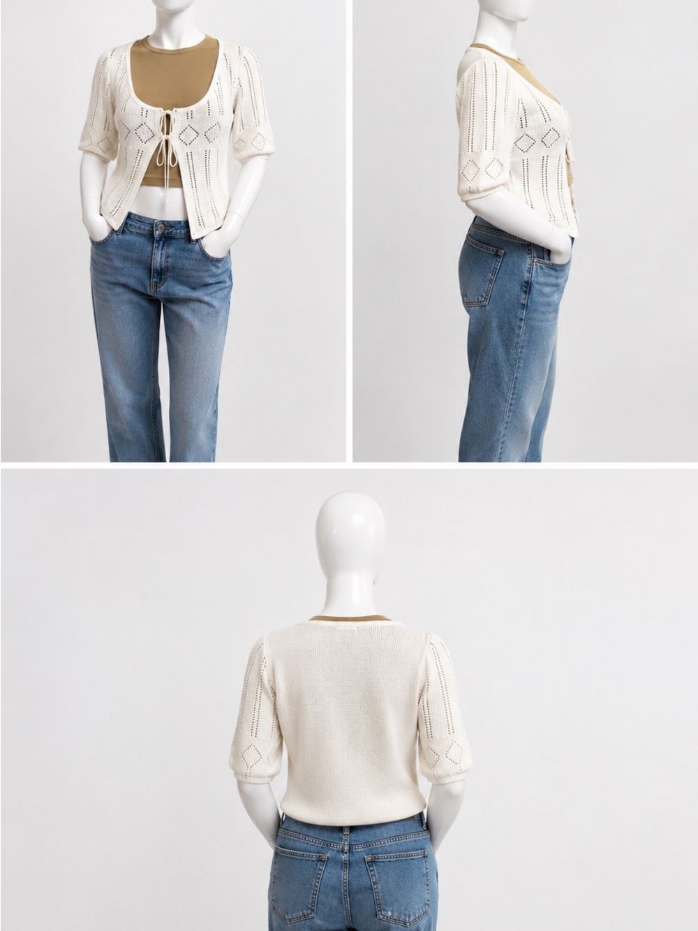 FRYE AND CO. Cream Openwork Knit Short-Sleeve Cardigan